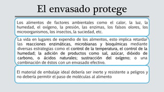 El envasado protege
Los alimentos de factores ambientales como el calor, la luz, la
humedad, el oxígeno, la presión, las enzimas, los falsos olores, los
microorganismos, los insectos, la suciedad, etc.
La vida en lugares de expendio de los alimentos, esto implica retardar
las reacciones enzimáticas, microbianas y bioquímicas mediante
diversas estrategias como el control de la temperatura, el control de la
humedad; la adición de productos como sal, azúcar, dióxido de
carbono, o ácidos naturales; sustracción del oxígeno; o una
combinación de éstos con un envasado efectivo.
El material de embalaje ideal debería ser inerte y resistente a peligros y
no debería permitir el paso de moléculas al alimento
 