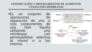 CONSERVACIÓN Y PROCESAMIENTOS DE ALIMENTOS
UTILIZANDO MEMBRANAS
▪Es un conjunto de
operaciones de
separación de uno o
más componentes de
una fase líquida
utilizando una
membrana con
permeabilidad selectiva
al mismo o a los
mismos.
 