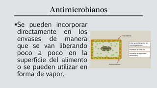 Antimicrobianos
▪Se pueden incorporar
directamente en los
envases de manera
que se van liberando
poco a poco en la
superficie del alimento
o se pueden utilizar en
forma de vapor.
 