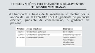 CONSERVACIÓN Y PROCESAMIENTOS DE ALIMENTOS
UTILIZANDO MEMBRANAS
▪ El transporte a través de la membrana se efectúa por la
acción de una FUERZA IMPULSORA (gradiente de potencial
eléctrico, gradiente de concentración, o gradiente de
presión).
 