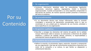 POR SU
CONTENIDO
1. De organización.
• Contienen información detallada sobre los antecedentes, legislación,
atribuciones, estructura orgánica, organigrama, misión y funciones
organizacionales. Cuando corresponden a un área específica comprenden la
descripción de puestos; de manera opcional pueden presentar el directorio
del área o la empresa.
2. De procedimientos.
• Es un documento técnico que incluye información sobre la sucesión
cronológica y secuencial de operaciones concatenadas entre sí, que se
constituyen en una unidad para la realización de una función, actividad o
tarea específicas en una organización.
3. De gestión cualitativa.
• Describe y consigna los elementos del sistema de gestión de la calidad;
incluye información sobre el alcance, las exclusiones y directrices de calidad
(objetivos y políticas de calidad); aborda, asimismo, la responsabilidad y
autoridad del sistema de gestión de la calidad.
4. De historia de la organización.
• Refiere la creación, el crecimiento, logros, evolución, situación y composición
de una organización. Este tipo de conocimientos proporciona al personal una
visión de la compañía y su cultura, lo que facilita su adaptación y
ambientación laborales.
Por su
Contenido
 