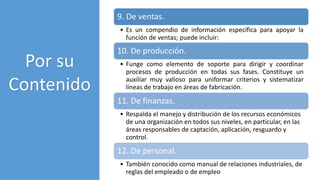 POR SU
CONTENIDO
9. De ventas.
• Es un compendio de información específica para apoyar la
función de ventas; puede incluir:
10. De producción.
• Funge como elemento de soporte para dirigir y coordinar
procesos de producción en todas sus fases. Constituye un
auxiliar muy valioso para uniformar criterios y sistematizar
líneas de trabajo en áreas de fabricación.
11. De finanzas.
• Respalda el manejo y distribución de los recursos económicos
de una organización en todos sus niveles, en particular, en las
áreas responsables de captación, aplicación, resguardo y
control.
12. De personal.
• También conocido como manual de relaciones industriales, de
reglas del empleado o de empleo
Por su
Contenido
 