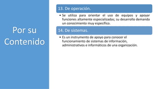 POR SU
CONTENIDO
13. De operación.
• Se utiliza para orientar el uso de equipos y apoyar
funciones altamente especializadas; su desarrollo demanda
un conocimiento muy específico.
14. De sistemas.
• Es un instrumento de apoyo para conocer el
funcionamiento de sistemas de información,
administrativos e informáticos de una organización.
Por su
Contenido
 