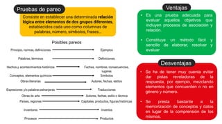 Posibles pareos
Consiste en establecer una determinada relación
lógica entre elementos de dos grupos diferentes,
establecidos cada uno como columnas de
palabras, número, símbolos, frases…
Pruebas de pareo
• Es una prueba adecuada para
evaluar aquellos objetivos que
incluyen procesos de asociación y
relación.
• Constituye un método fácil y
sencillo de elaborar, resolver y
evaluar
Ventajas
• Se ha de tener muy cuenta evitar
dar pistas reveladoras de la
respuesta, por ejemplo, mezclando
elementos que concuerden o no en
género y número.
• Se presta bastante a la
memorización de conceptos y datos
en lugar de la comprensión de los
mismos.
Desventajas
 