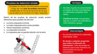 Consisten en ofrecer una información necesaria
y luego dar una serie de posibles soluciones
establecidas en forma de opciones de las que
una de ellas es la correcta o la mejor respuesta.
Pruebas de selección simple
• Se mide el grado de conocimientos
al margen de otras circunstancias
no relevantes (ortografía, letra,
estilo).
• Clarifican errores conceptuales,
lagunas y puntos mal entendidos a
nivel individual y grupal.
Ventajas
• No permite examinar la creatividad,
originalidad, estilo.
• Se tiende a redactar preguntas
que miden la retención de
información. Esta desventaja es
bastante grave pues incentiva a la
memorización en vez de
comprensión.
Desventajas
Dentro de las pruebas de selección simple existen
diferentes tipos posibles de elección:
 La única respuesta correcta.
 La mejor respuesta entre varias posibles.
 Varias respuestas correctas.
 La respuesta incorrecta.
 La respuesta que no guarde relación con la serie.
 