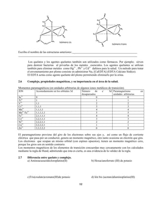 12 
Escriba el nombre de las estructuras anteriores: 
Los quelatos y los agentes quelantes también son utilizados como fármacos. Por ejemplo; sirven para destruir bacterias al privarlas de los metales esenciales. Los agentes quelantes se utilizan también para eliminar metales como Hg2+ , Pb2+ y Cd2+ dañinos para la salud. Un método para tratar el envenenamiento por plomo consiste en administrar Na2 [CaEDTA] (EDTA Calciato Sódico). 
El EDTA actúa como agente quelante del plomo permitiendo eliminarlo por la orina. 
2.6 Complejo, propiedades magnéticas, y su importancia en el área de la salud. 
Momentos paramagnéticos (en unidades arbitrarias de algunos iones metálicos de transición). 
ION 
Acomodamiento en los orbitales 3d 
Número de e− 3d desapareados 
Paramagnetismo en unidades arbitrarias 
Sc3+ 
0 
0 
0 
Ti3+ 
1 
1 
1 
V3+ 
1,1 
2 
2 
Cr3+ 
1,1,1 
3 
3 
Mn3+ 
1,1,1,1 
4 
4 
Mn2+ Fe3+ 
1,1,1,1,1 
5 
5 
Fe2+ 
2,1,1,1,1 
4 
4 
Co2+ 
2,2,1,1,1 
3 
3 
Ni2+ 
2,2,2,1,1 
2 
2 
Cu2+ 
2,2,2,2,1 
1 
1 
Zn2+ 
2,2,2,2,2 
0 
0 
El paramagnetismo proviene del giro de los electrones sobre sus ejes y, así como un flujo de corriente eléctrica que pasa por un conductor, genera un momento magnético, otro tanto ocasiona un electrón que gira. Los electrones que ocupan un mismo orbital (con espines opuestos), tienen un momento magnético cero, porque los giros son en sentido contrario. 
Los momentos magnéticos de los elementos de transición concuerdan muy cercanamente con los calculados mediante la regla de Hund, admitiendo que ésta es cierta, es una evidencia de la validez de la regla. 
2.7 Diferencia entre quelato y complejo. 
a) Aminoacuoazidocloroplatino(II) b) Hexacianoferrato (III) de potasio 
c)Tris(oxalato)cromato(III)de potasio d) Ión bis (acetato)diaminoplatino(III) 
Isómero trans 
Isómero cis  