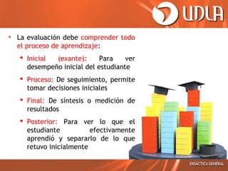 • La evaluación debe comprender todo
el proceso de aprendizaje:
 Inicial
(exante):
Para
ver
desempeño inicial del estudiante
 Proceso: De seguimiento, permite
tomar decisiones iniciales
 Final: De síntesis o medición de
resultados
 Posterior: Para ver lo que el
estudiante
efectivamente
aprendió y separarlo de lo que
retuvo inicialmente

 