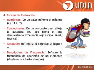 4. Escalas de Evaluación
• Numéricas: De un valor mínimo al máximo
(ej.: 1 al 7)
• Conceptuales: De un concepto que refleja
la ausencia del logo hasta el que
demuestra la excelencia (ej: escala Likert,
rúbrica)
• Absolutas: Refleja si el objetivo se logro o
no
• Descriptivas de Frecuencia: Señalan la
frecuencia de aparición de un elemento
(desde nunca hasta siempre)

 