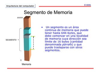 AArrqquuiitteeccttuurraa ddeell ccoommppuuttaaddoorr El 8086 
Segmento de Memoria 
• Un segmento es un área 
continua de memoria que puede 
tener hasta 64K-bytes, que 
debe comenzar en una localidad 
de memoria cuya dirección sea 
límite de 16 bytes (cantidad 
denominada párrafo) y que 
puede traslaparse con otros 
segmentos. 
SEGMENTO 
FFFFF 
Memoria 
0 
 