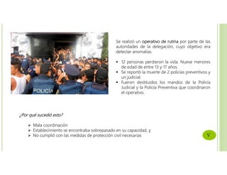 Se realizó un operativo de rutina por parte de las
autoridades de la delegación, cuyo objetivo era
detectar anomalías.
 12 personas perdieron la vida. Nueve menores
de edad de entre 13 y 17 años.
 Se reportó la muerte de 2 policías preventivos y
un judicial.
 Fueron destituidos los mandos de la Policía
Judicial y la Policía Preventiva que coordinaron
el operativo.
¿Por qué sucedió esto?
 Mala coordinación
 Establecimiento se encontraba sobrepasado en su capacidad, y
 No cumplió con las medidas de protección civil necesarias V
 