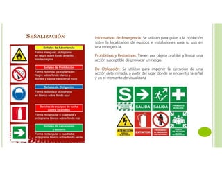 SEÑALIZACIÓN Informativas de Emergencia: Se utilizan para guiar a la población
sobre la localización de equipos e instalaciones para su uso en
una emergencia.
Prohibitivas y Restrictivas: Tienen por objeto prohibir y limitar una
acción susceptible de provocar un riesgo.
De Obligación: Se utilizan para imponer la ejecución de una
acción determinada, a partir del lugar donde se encuentra la señal
y en el momento de visualizarla
 