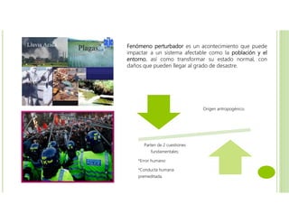 Fenómeno perturbador es un acontecimiento que puede
impactar a un sistema afectable como la población y el
entorno, así como transformar su estado normal, con
daños que pueden llegar al grado de desastre.
Origen antropogénico.
Parten de 2 cuestiones
fundamentales:
*Error humano
*Conducta humana
premeditada.
 