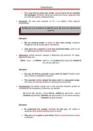 Conectores
 First, you have to wash your hands, second try to cut so carefully
the bandages. (Primero, tienes que lavarte las manos, segundo trata
de cortar las vendas cuidadosamente)
 Propósito: Se usan para expresar un fin o un objetivo. Entre algunos
encontramos:
So that (para que), In order to, In order for (para), So (entonces) y So as not to
(para no)
Ejemplos:
 We are working harder in order to earn more money. (Estamos
trabajando mas duro para ganar mas dinero).
 John gave her a present so that she would feel better. (John le dió
un regalo para que ella se sintiera mejor).
 Alternativa: Indican elección, separan o diferencian dos términos. En inglés,
algunos de ellos son:
Ejemplos:
 Can you do that by yourself or you need my help? (Puedes hacer
eso tu mismo o necesitas mi ayuda?)
 The musician neither played the piano well nor sang good songs.
(El músico no tocó bien el piano ni cantó buenas canciones).
 Comparación: Se utilizan cuando una o más oraciones expresan grados de
comparación por semejanza o diferencia, por ejemplo:
Ejemplos:
 He performed the surgery similarly he told you. (Él realizó la
operación de la misma manera que te lo contó).
 They are not as good as you think). (Ellos no son tan buenos como
tú piensas).
Either…or (o …o), Neither…nor (no…ni), In place of (en lugar de), Instead of
(en vez de) y Or (o/u)
As (como), As…as (tan…como), Not as…as/Not so…as (no tan…como),
Likewise (igualmente), Similarly (de igual manera, de la misma manera) y
Likewise (de igual manera)
 