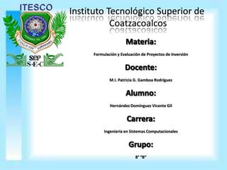 Formulación y Evaluación de Proyectos de Inversión
M.I. Patricia G. Gamboa Rodríguez
Hernández Domínguez Vicente Gil
Ingeniería en Sistemas Computacionales
8° “B”
 