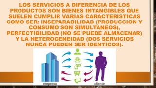 LOS SERVICIOS A DIFERENCIA DE LOS
PRODUCTOS SON BIENES INTANGIBLES QUE
SUELEN CUMPLIR VARIAS CARACTERISTICAS
COMO SER: INSEPARABILIDAD (PRODUCCION Y
CONSUMO SON SIMULTANEOS),
PERFECTIBILIDAD (NO SE PUEDE ALMACENAR)
Y LA HETEROGENEIDAD (DOS SERVICIOS
NUNCA PUEDEN SER IDENTICOS).
 