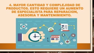 4. MAYOR CANTIDAD Y COMPLEJIDAD DE
PRODUCTOS. ESTO REQUIERE UN AUMENTO
DE ESPECIALISTA PARA REPARACION,
ASESORIA Y MANTENIMIENTO.
 