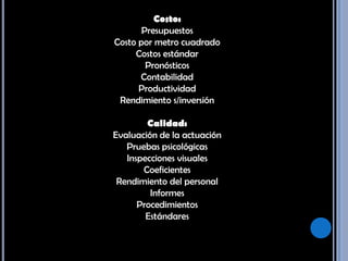 Costo: Presupuestos Costo por metro cuadrado Costos estándar Pronósticos Contabilidad Productividad Rendimiento s/inversión Calidad: Evaluación de la actuación Pruebas psicológicas Inspecciones visuales Coeficientes Rendimiento del personal Informes Procedimientos Estándares Calificación de méritos 