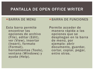 BARRA DE MENU
Esta barra permite
encontrar las
opciones de archivo
(File), editar (Edit),
ver (View), insertar
(Insert), formato
(Format),
herramientas (Tools),
ventana (Windows) y
ayuda (Help).
BARRA DE FUNCIONES
Permite acceder de
manera rápida a las
opciones que se
despliegan en la barra
de menú, por
ejemplo: abrir
documento, guardar,
cortar, copiar, pegar,
entre otras.
PANTALLA DE OPEN OFFICE WRITER
 