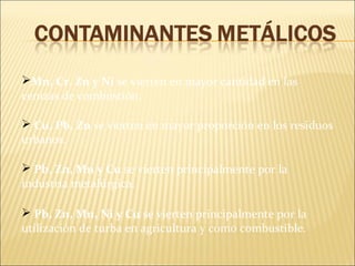 Mn, Cr, Zn y Ni se vierten en mayor cantidad en las
cenizas de combustión.
 Cu, Pb, Zn se vierten en mayor proporción en los residuos
urbanos.
 Pb, Zn, Mn y Cu se vierten principalmente por la
industria metalúrgica.
 Pb, Zn, Mn, Ni y Cu se vierten principalmente por la
utilización de turba en agricultura y como combustible.
 