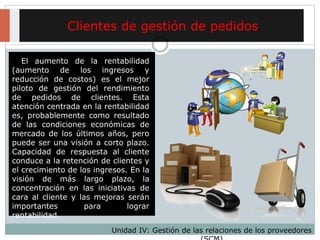 Clientes de gestión de pedidos
Unidad IV: Gestión de las relaciones de los proveedores
El aumento de la rentabilidad
(aumento de los ingresos y
reducción de costos) es el mejor
piloto de gestión del rendimiento
de pedidos de clientes. Esta
atención centrada en la rentabilidad
es, probablemente como resultado
de las condiciones económicas de
mercado de los últimos años, pero
puede ser una visión a corto plazo.
Capacidad de respuesta al cliente
conduce a la retención de clientes y
el crecimiento de los ingresos. En la
visión de más largo plazo, la
concentración en las iniciativas de
cara al cliente y las mejoras serán
importantes para lograr
rentabilidad.
 