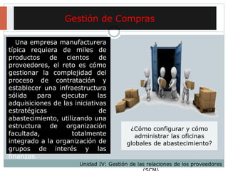 Gestión de Compras
Unidad IV: Gestión de las relaciones de los proveedores
Una empresa manufacturera
típica requiera de miles de
productos de cientos de
proveedores, el reto es cómo
gestionar la complejidad del
proceso de contratación y
establecer una infraestructura
sólida para ejecutar las
adquisiciones de las iniciativas
estratégicas de
abastecimiento, utilizando una
estructura de organización
facultada, totalmente
integrado a la organización de
grupos de interés y las
finanzas.
¿Cómo configurar y cómo
administrar las oficinas
globales de abastecimiento?
 