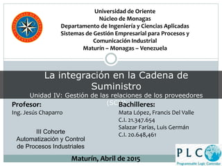 Universidad de Oriente
Núcleo de Monagas
Departamento de Ingeniería y Ciencias Aplicadas
Sistemas de Gestión Empresarial para Procesos y
Comunicación Industrial
Maturín – Monagas – Venezuela
La integración en la Cadena de
Suministro
Unidad IV: Gestión de las relaciones de los proveedores
(SCM)Profesor:
Ing. Jesús Chaparro
Bachilleres:
Mata López, Francis Del Valle
C.I. 21.347.654
Salazar Farías, Luis Germán
C.I. 20.648,461
Maturín, Abril de 2015
III Cohorte
Automatización y Control
de Procesos Industriales
 
