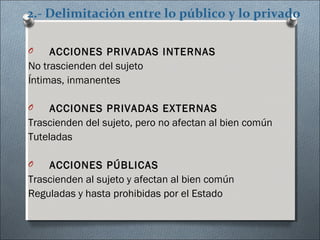 2.- Delimitación entre lo público y lo privado
O ACCIONES PRIVADAS INTERNAS
No trascienden del sujeto
Íntimas, inmanentes
O ACCIONES PRIVADAS EXTERNAS
Trascienden del sujeto, pero no afectan al bien común
Tuteladas
O ACCIONES PÚBLICAS
Trascienden al sujeto y afectan al bien común
Reguladas y hasta prohibidas por el Estado
 