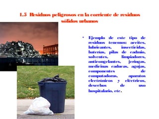 1.5  Residuos peligrosos en la corriente de residuos
                  sólidos urbanos


                           •   Ejemplo de este tipo de
                               residuos tenemos: aceites,
                               lubricantes,      insecticidas,
                               baterías, pilas de cadmio,
                               solventes,         limpiadores,
                               anticongelantes,      jeringas,
                               medicinas caducas, agujas,
                               componentes                 de
                               computadoras,         aparatos
                               electrónicos y eléctricos,
                               desechos         de        uso
                               hospitalario, etc .
                            
 