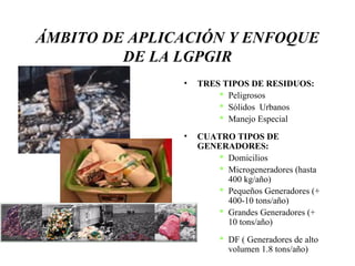 ÁMBITO DE APLICACIÓN Y ENFOQUE
         DE LA LGPGIR
               •   TRES TIPOS DE RESIDUOS:
                        Peligrosos
                        Sólidos Urbanos
                        Manejo Especial

               •   CUATRO TIPOS DE 
                   GENERADORES:
                        Domicilios
                        Microgeneradores (hasta
                         400 kg/año)
                        Pequeños Generadores (+
                         400-10 tons/año)
                        Grandes Generadores (+
                         10 tons/año)
                         DF ( Generadores de alto
                          volumen 1.8 tons/año)
 
