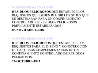• NOM-055-SEMARNAT-2003 
  RESIDUOS PELIGROSOS QUE ESTABLECE LOS
  REQUISITOS QUE DEBEN REUNIR LOS SITIOS QUE
  SE DESTINARÁN PARA UN CONFINAMIENTO
  CONTROLADO DE RESIDUOS PELIGROSOS
  PREVIAMENTE ESTABILIZADOS
  03-NOVIEMBRE-2004

• NOM-056-SEMARNAT-1993 
  RESIDUOS PELIGROSOS QUE ESTABLECE LOS
  REQUISITOS PARA EL DISEÑO Y CONSTRUCCIÓN
  DE LAS OBRAS COMPLEMENTARIAS DE UN
  CONFINAMIENTO CONTROLADO DE RESIDUOS
  PELIGROSOS.
  22-OCTUBRE-1993
 