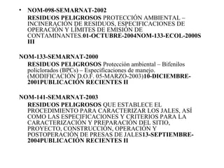 •   NOM-098-SEMARNAT-2002 
    RESIDUOS PELIGROSOS PROTECCIÓN AMBIENTAL –
    INCINERACIÓN DE RESIDUOS, ESPECIFICACIONES DE
    OPERACIÓN Y LÍMITES DE EMISIÓN DE
    CONTAMINANTES.01-OCTUBRE-2004NOM-133-ECOL-2000S 
    III

NOM-133-SEMARNAT-2000
  RESIDUOS PELIGROSOS Protección ambiental – Bifenilos
  policlorados (BPCs) – Especificaciones de manejo.
  (MODIFICACIÓN D.O.F. 05-MARZO-2003)10-DICIEMBRE-
  2001PUBLICACIÓN RECIENTES II

NOM-141-SEMARNAT-2003
  RESIDUOS PELIGROSOS QUE ESTABLECE EL
  PROCEDIMIENTO PARA CARACTERIZAR LOS JALES, ASÍ
  COMO LAS ESPECIFICACIONES Y CRITERIOS PARA LA
  CARACTERIZACIÓN Y PREPARACIÓN DEL SITIO,
  PROYECTO, CONSTRUCCIÓN, OPERACIÓN Y
  POSTOPERACIÓN DE PRESAS DE JALES13-SEPTIEMBRE-
  2004PUBLICACIÓN RECIENTES II
 