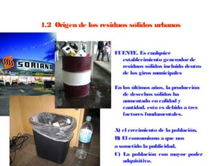 1.2  Origen de los residuos sólidos urbanos


                      FUENTE. Es cualquier
                        establecimiento generador de
                        residuos sólidos incluido dentro
                        de los giros municipales

                      En los últimos años, la producción
                         de desechos sólidos ha
                         aumentado en calidad y
                         cantidad, esto es debido a tres
                         factores fundamentales.

                      A) el crecimiento de la población,
                      B) El consumismo a que nos
                      a sometido la publicidad,
                      C) La población con mayor poder
                          adquisitivo.
 