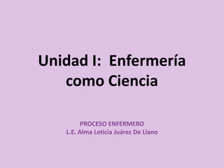 Unidad I: Enfermería
como Ciencia
PROCESO ENFERMERO
L.E. Alma Leticia Juárez De Llano

 