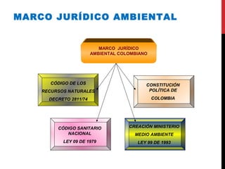 MARCO JURÍDICO AMBIENTAL
MARCO JURÍDICO
AMBIENTAL COLOMBIANO
CÓDIGO DE LOS
RECURSOS NATURALES
DECRETO 2811/74
CONSTITUCIÓN
POLÍTICA DE
COLOMBIA
CÓDIGO SANITARIO
NACIONAL
LEY 09 DE 1979
CREACIÓN MINISTERIO
MEDIO AMBIENTE
LEY 99 DE 1993
 