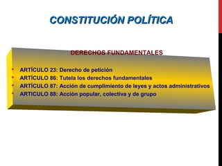 CONSTITUCIÓN POLÍTICACONSTITUCIÓN POLÍTICA
DERECHOS FUNDAMENTALES
 ARTÍCULO 23: Derecho de petición
 ARTÍCULO 86: Tutela los derechos fundamentales
 ARTÍCULO 87: Acción de cumplimiento de leyes y actos administrativos
 ARTICULO 88: Acción popular, colectiva y de grupo
 