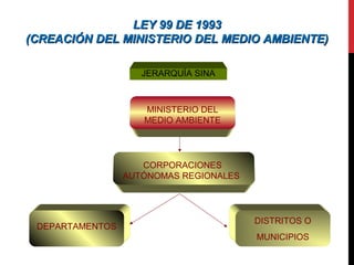 LEY 99 DE 1993LEY 99 DE 1993
(CREACIÓN DEL MINISTERIO DEL MEDIO AMBIENTE)(CREACIÓN DEL MINISTERIO DEL MEDIO AMBIENTE)
JERARQUÍA SINA
MINISTERIO DEL
MEDIO AMBIENTE
CORPORACIONES
AUTÓNOMAS REGIONALES
DEPARTAMENTOS
DISTRITOS O
MUNICIPIOS
 