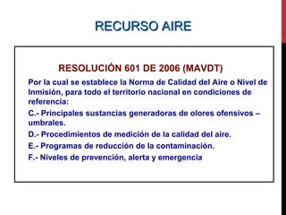 RECURSO AIRERECURSO AIRE
RESOLUCIÓN 601 DE 2006 (MAVDT)
Por la cual se establece la Norma de Calidad del Aire o Nivel de
Inmisión, para todo el territorio nacional en condiciones de
referencia:
C.- Principales sustancias generadoras de olores ofensivos –
umbrales.
D.- Procedimientos de medición de la calidad del aire.
E.- Programas de reducción de la contaminación.
F.- Niveles de prevención, alerta y emergencia
 