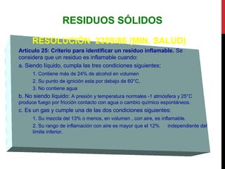 RESIDUOS SÓLIDOS
RESOLUCIÓN 2309/86 (MIN. SALUD)
Artículo 25: Criterio para identificar un residuo inflamable. Se
considera que un residuo es inflamable cuando:
a. Siendo líquido, cumpla las tres condiciones siguientes;
1. Contiene más de 24% de alcohol en volumen
2. Su punto de ignición esta por debajo de 60°C,
3. No contiene agua
b. No siendo líquido: A presión y temperatura normales -1 atmósfera y 25°C
produce fuego por fricción contacto con agua o cambio químico espontáneos.
c. Es un gas y cumple una de las dos condiciones siguientes:
1. Su mezcla del 13% o menos, en volumen , con aire, es inflamable.
2. Su rango de inflamación con aire es mayor que el 12% independiente del
límite inferior.
 