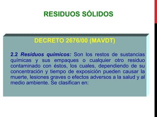 RESIDUOS SÓLIDOS
DECRETO 2676/00 (MAVDT)
2.2 Residuos químicos: Son los restos de sustancias
químicas y sus empaques o cualquier otro residuo
contaminado con éstos, los cuales, dependiendo de su
concentración y tiempo de exposición pueden causar la
muerte, lesiones graves o efectos adversos a la salud y al
medio ambiente. Se clasifican en:
 