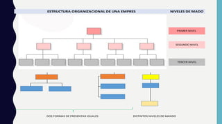 DOS FORMAS DE PRESENTAR IGUALES DISTINTOS NIVELES DE MANDO
ESTRUCTURA ORGANIZACIONAL DE UNA EMPRES NIVELES DE MADO
PRIMER NIVEL
SEGUNDO NIVEL
TERCER NIVEL
 