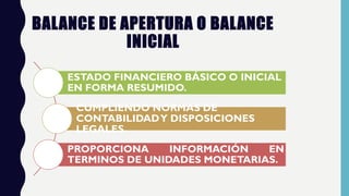 BALANCE DE APERTURA O BALANCE
INICIAL
ESTADO FINANCIERO BÁSICO O INICIAL
EN FORMA RESUMIDO.
CUMPLIENDO NORMAS DE
CONTABILIDADY DISPOSICIONES
LEGALES.
PROPORCIONA INFORMACIÓN EN
TERMINOS DE UNIDADES MONETARIAS.
 