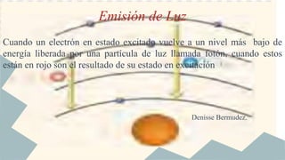 Emisión de Luz
Cuando un electrón en estado excitado vuelve a un nivel más bajo de
energía liberada por una partícula de luz llamada fotón, cuando estos
están en rojo son el resultado de su estado en excitación
Denisse Bermudez.
 