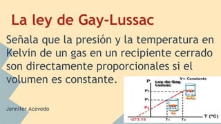 La ley de Gay-Lussac
Señala que la presión y la temperatura en
Kelvin de un gas en un recipiente cerrado
son directamente proporcionales si el
volumen es constante.
Jennifer Acevedo
 