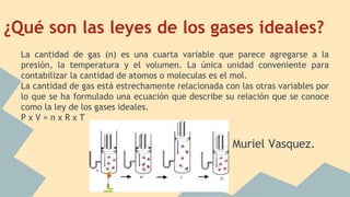 ¿Qué son las leyes de los gases ideales?
La cantidad de gas (n) es una cuarta variable que parece agregarse a la
presión, la temperatura y el volumen. La única unidad conveniente para
contabilizar la cantidad de atomos o moleculas es el mol.
La cantidad de gas está estrechamente relacionada con las otras variables por
lo que se ha formulado una ecuación que describe su relación que se conoce
como la ley de los gases ideales.
P x V = n x R x T
Muriel Vasquez.
 