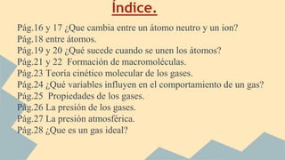 Índice.
Pág.16 y 17 ¿Que cambia entre un átomo neutro y un ion?
Pág.18 entre átomos.
Pág.19 y 20 ¿Qué sucede cuando se unen los átomos?
Pág.21 y 22 Formación de macromoléculas.
Pág.23 Teoría cinético molecular de los gases.
Pág.24 ¿Qué variables influyen en el comportamiento de un gas?
Pág.25 Propiedades de los gases.
Pág.26 La presión de los gases.
Pág.27 La presión atmosférica.
Pág.28 ¿Que es un gas ideal?
 