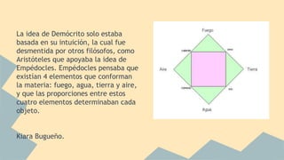 La idea de Demócrito solo estaba
basada en su intuición, la cual fue
desmentida por otros filósofos, como
Aristóteles que apoyaba la idea de
Empédocles. Empédocles pensaba que
existían 4 elementos que conforman
la materia: fuego, agua, tierra y aire,
y que las proporciones entre estos
cuatro elementos determinaban cada
objeto.
Kiara Bugueño.
 
