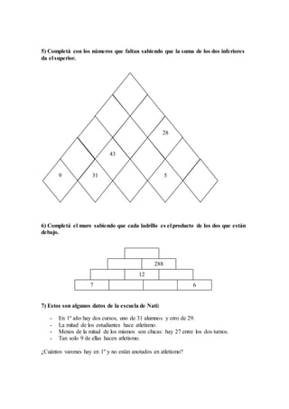 5) Completá con los números que faltan sabiendo que la suma de los dos inferiores
da el superior.
6) Completá el muro sabiendo que cada ladrillo es el producto de los dos que están
debajo.
7) Estos son algunos datos de la escuela de Nati:
- En 1º año hay dos cursos, uno de 31 alumnos y otro de 29.
- La mitad de los estudiantes hace atletismo.
- Menos de la mitad de los mismos son chicas: hay 27 entre los dos turnos.
- Tan solo 9 de ellas hacen atletismo.
¿Cuántos varones hay en 1º y no están anotados en atletismo?
12
288
7 6
28
43
9 31 5
 