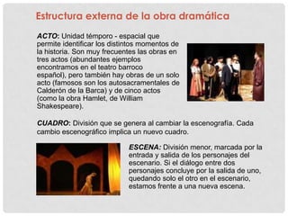 Estructura externa de la obra dramática
ACTO: Unidad témporo - espacial que
permite identificar los distintos momentos de
la historia. Son muy frecuentes las obras en
tres actos (abundantes ejemplos
encontramos en el teatro barroco
español), pero también hay obras de un solo
acto (famosos son los autosacramentales de
Calderón de la Barca) y de cinco actos
(como la obra Hamlet, de William
Shakespeare).

CUADRO: División que se genera al cambiar la escenografía. Cada
cambio escenográfico implica un nuevo cuadro.

                            ESCENA: División menor, marcada por la
                            entrada y salida de los personajes del
                            escenario. Si el diálogo entre dos
                            personajes concluye por la salida de uno,
                            quedando solo el otro en el escenario,
                            estamos frente a una nueva escena.
 
