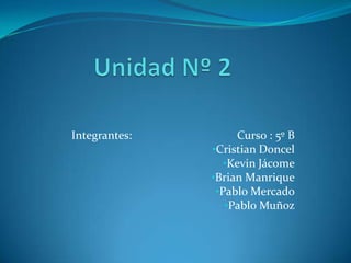 Integrantes:

Curso : 5º B
•Cristian Doncel
•Kevin Jácome
•Brian Manrique
•Pablo Mercado
•Pablo Muñoz

 