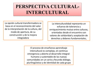 PERSPECTIVA CULTURAL-
INTERCULTURAL
La opción cultural-transformadora se
basa en el reconocimiento del valor
de la interpretación de la cultura, del
modo de apertura, de su
construcción y de la mejora
integradora
La interculturalidad representa un
esfuerzo de tolerancia y
enriquecimiento mutuo entre culturas,
orientadas desde el encuentro con
valores de solidaridad y aceptación de
derechos y deberes fundamentales,
El proceso de enseñanza-aprendizaje
intercultural es complejo, en continua
emergencia y abierto al desarrollo integral-
humano y sustentable de las nuevas
comunidades en un serio y fecundo diálogo,
plurilingüístico y de identidad de cada grupo
 